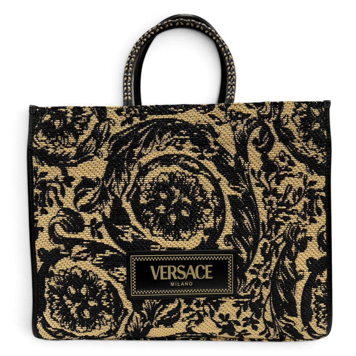 極美品☆VERSACE ヴェルサーチ 2024年製 バロッコ アテナ ラフィアバッグ トートバッグ ナチュラル ブラック イタリア製 保存袋付き