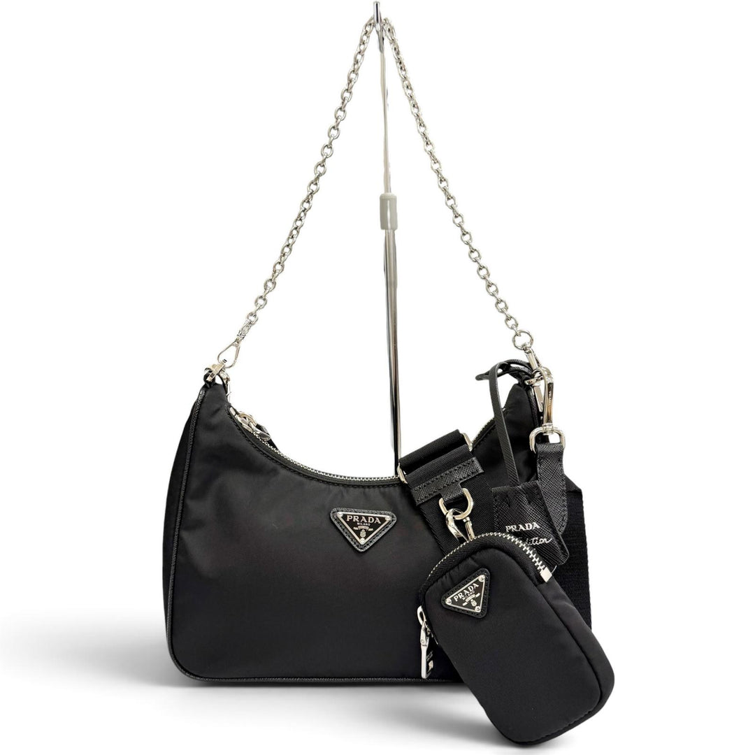 極美品△PRADA プラダ 1BH204 Re-Edition 2005 Re-Nylon トライアングルロゴ 2WAY ショルダーバッグ ポーチ付き ブラック 伊製 箱付き