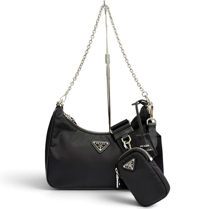 極美品△PRADA プラダ 1BH204 Re-Edition 2005 Re-Nylon トライアングルロゴ 2WAY ショルダーバッグ ポーチ付き ブラック 伊製 箱付き