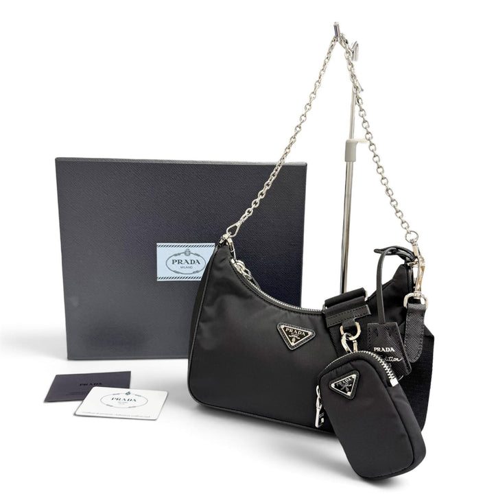 極美品△PRADA プラダ 1BH204 Re-Edition 2005 Re-Nylon トライアングルロゴ 2WAY ショルダーバッグ ポーチ付き ブラック 伊製 箱付き