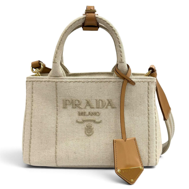 未使用品★PRADA プラダ 1BG464 カナパ リカーモ ジャルディニエール リネンブレンド ミニハンドバッグ 現行品 ナチュラル 伊製 箱・袋付