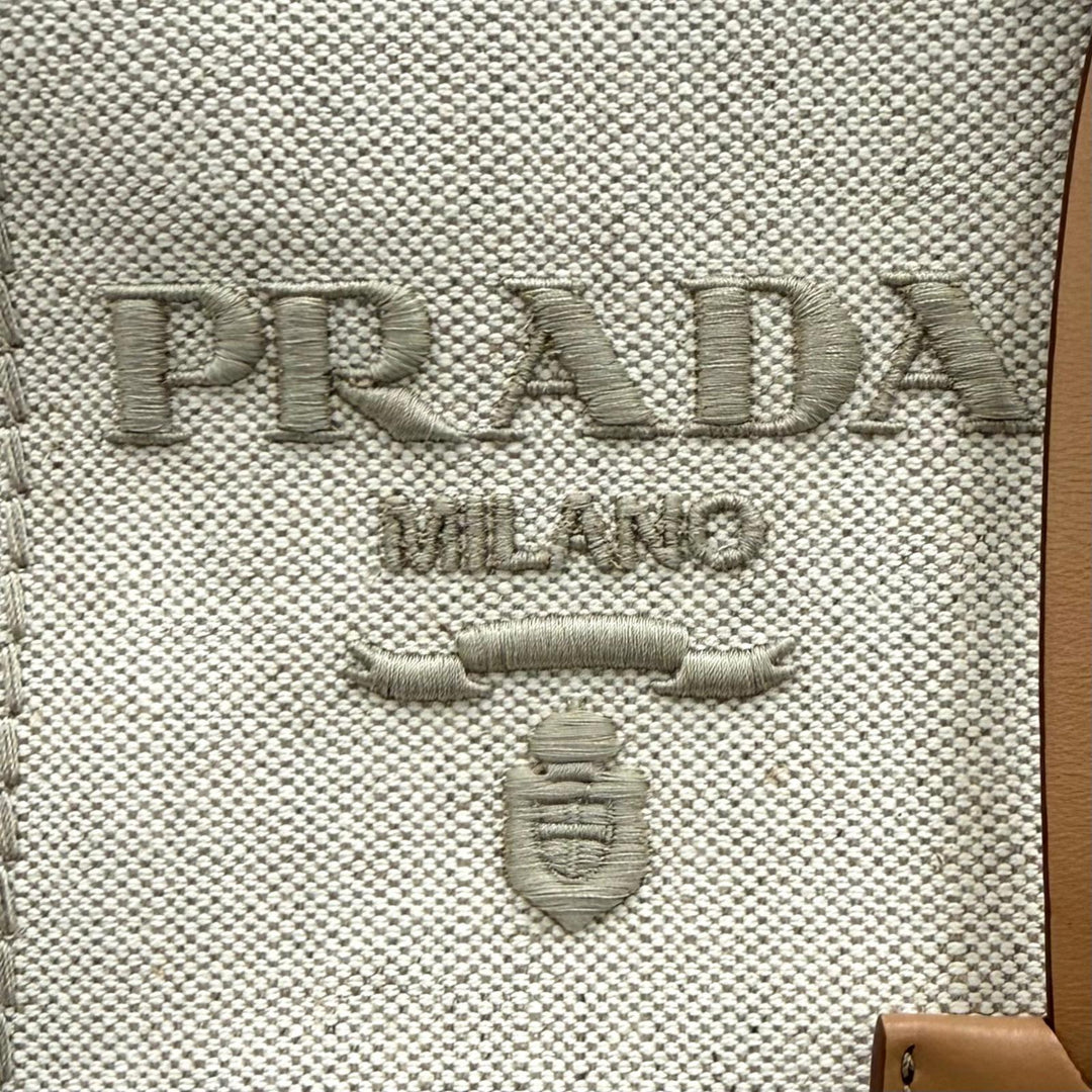 未使用品★PRADA プラダ 1BG464 カナパ リカーモ ジャルディニエール リネンブレンド ミニハンドバッグ 現行品 ナチュラル 伊製 箱・袋付