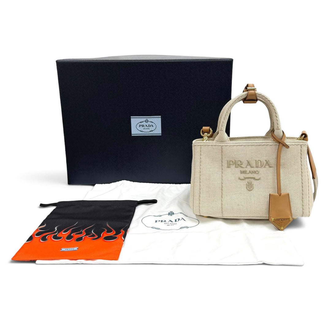 未使用品★PRADA プラダ 1BG464 カナパ リカーモ ジャルディニエール リネンブレンド ミニハンドバッグ 現行品 ナチュラル 伊製 箱・袋付