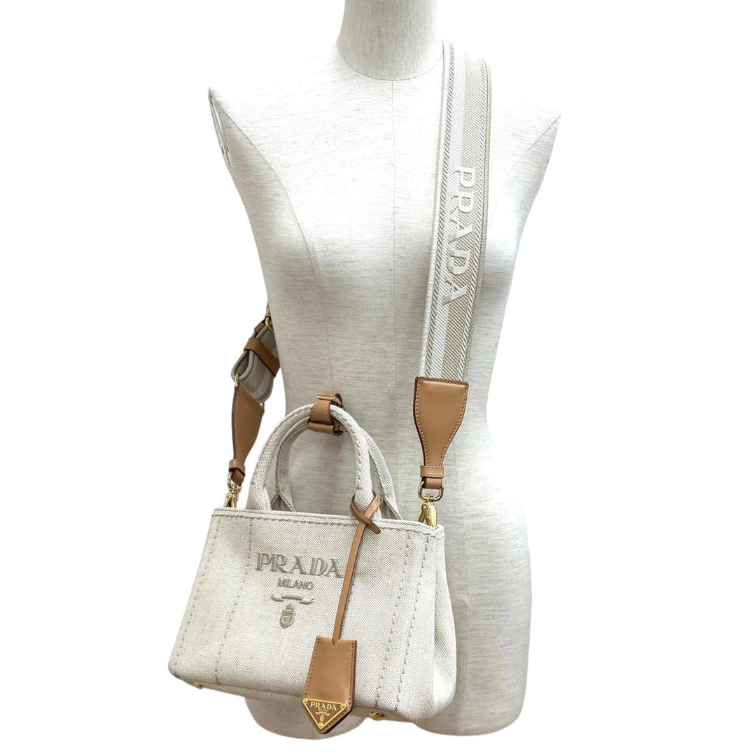 未使用品★PRADA プラダ 1BG464 カナパ リカーモ ジャルディニエール リネンブレンド ミニハンドバッグ 現行品 ナチュラル 伊製 箱・袋付