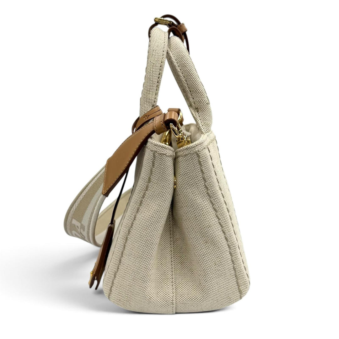 未使用品★PRADA プラダ 1BG464 カナパ リカーモ ジャルディニエール リネンブレンド ミニハンドバッグ 現行品 ナチュラル 伊製 箱・袋付