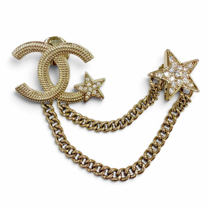 美品☆CHANEL シャネル B25B メタル ココマーク スター チェーン ラインストーン アクセサリー ブローチ ゴールド イタリア製 レディース