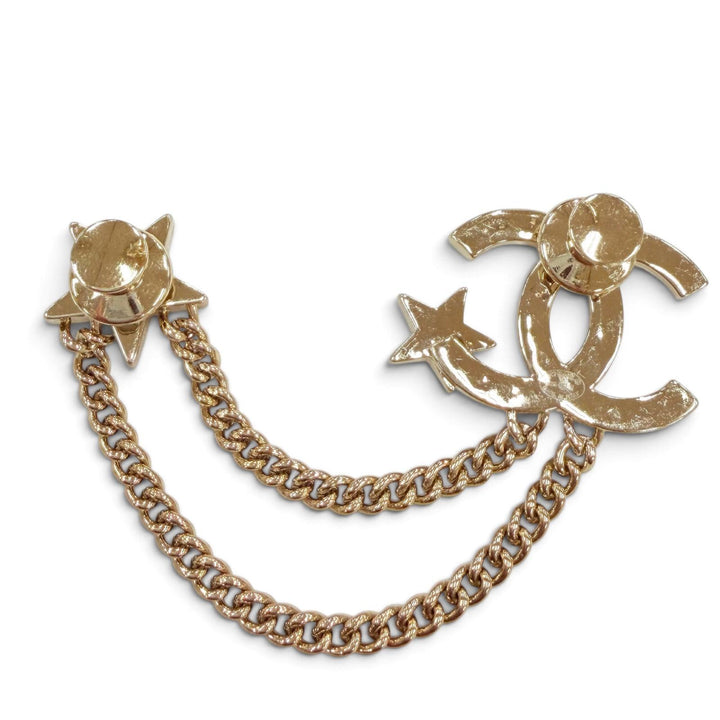 美品☆CHANEL シャネル B25B メタル ココマーク スター チェーン ラインストーン アクセサリー ブローチ ゴールド イタリア製 レディース