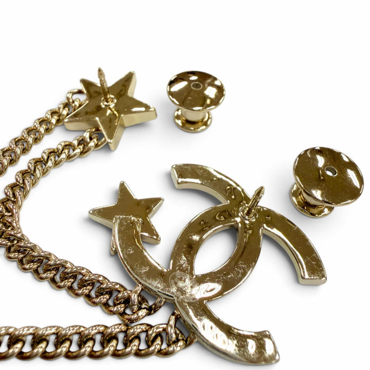 美品☆CHANEL シャネル B25B メタル ココマーク スター チェーン ラインストーン アクセサリー ブローチ ゴールド イタリア製 レディース