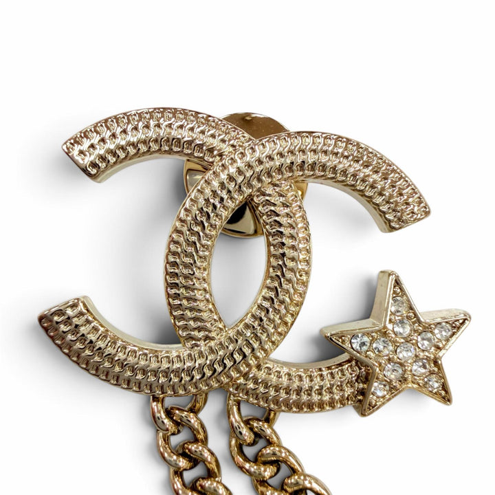 美品☆CHANEL シャネル B25B メタル ココマーク スター チェーン ラインストーン アクセサリー ブローチ ゴールド イタリア製 レディース