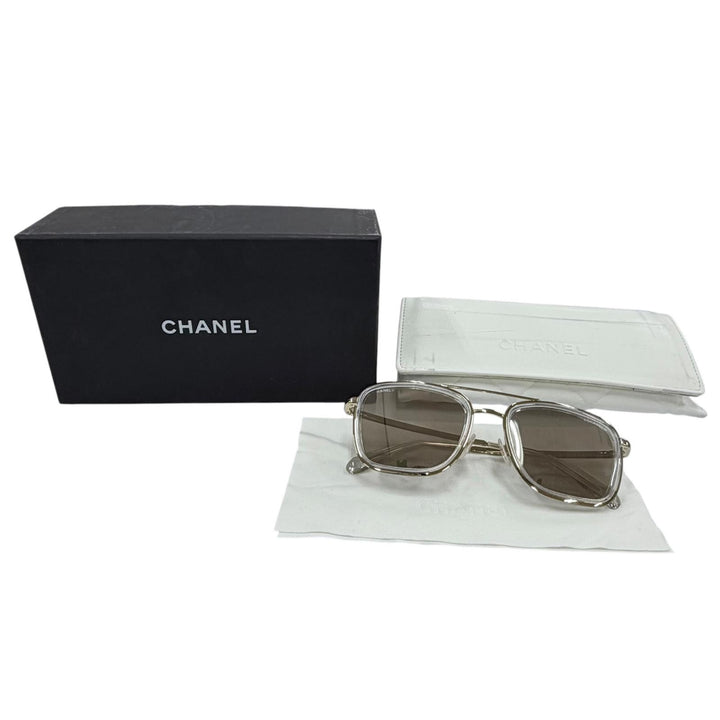 美品☆CHANEL シャネル 4241 ツーブリッジ ミラーレンズ メタルフレーム サングラス シャンパンゴールド 53□19 140 デモレンズ 箱付き