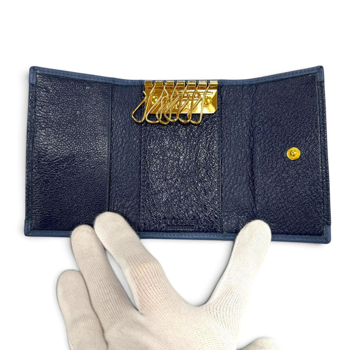 極美品▼BVLGARI ブルガリ DOPPIO TONDO ドッピオトンド レザー 6連 キーケース ネイビー ゴールド金具 イタリア製 メンズ 箱付き