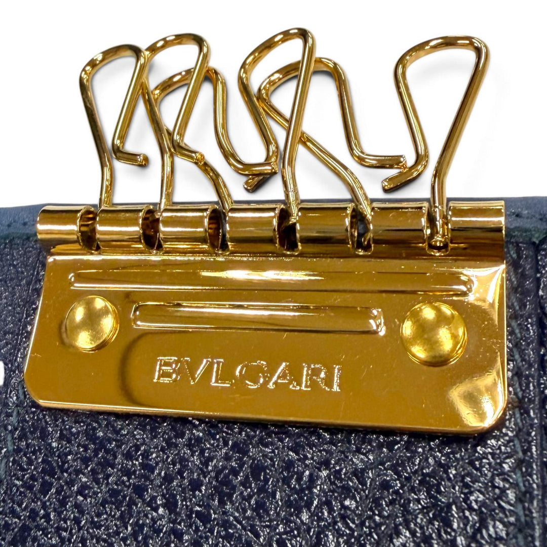 極美品▼BVLGARI ブルガリ DOPPIO TONDO ドッピオトンド レザー 6連 キーケース ネイビー ゴールド金具 イタリア製 メンズ 箱付き