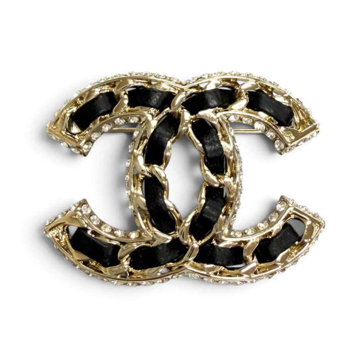 極美品△CHANEL シャネル B23P ココマーク ラムレザー ラインストーン ストラス ブローチ ブラック ゴールド金具 イタリア製 レディース