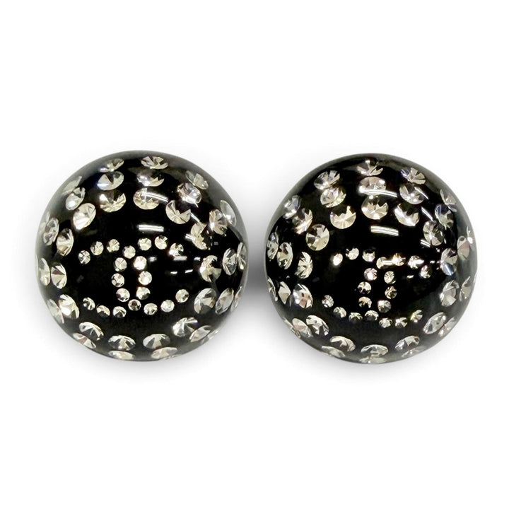 極美品△CHANEL シャネル D26A ココマーク クリスタル ラインストーン モノトーン スタッド ピアス アクセサリー 両耳用 ブラック 箱付き