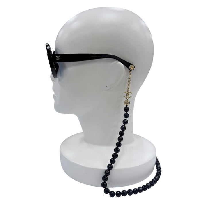 極美品☆CHANEL シャネル 5489 ココマーク ラウンドシェイプ サングラス パールチェーン付 ダークネイビー 51□25 140 デモレンズ 伊製