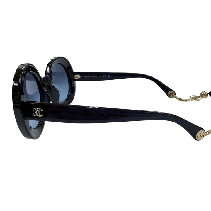 極美品☆CHANEL シャネル 5489 ココマーク ラウンドシェイプ サングラス パールチェーン付 ダークネイビー 51□25 140 デモレンズ 伊製