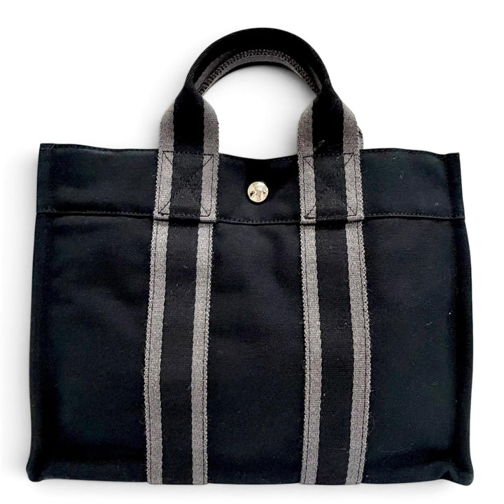 極美品△HERMES エルメス フールトゥ コットン100％ セリエボタン キャンバス ハンドバッグ トートバッグ ブラック グレー フランス製