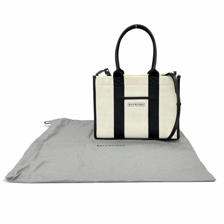 極美品★BALENCIAGA バレンシアガ 671402 ハードウェア レザー使い キャンバス 2WAY ハンドバッグ アイボリー ブラック 伊製 保存袋付き