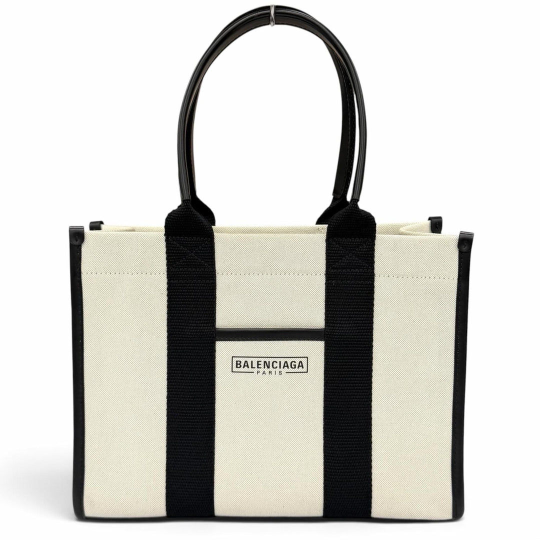 極美品★BALENCIAGA バレンシアガ 671402 ハードウェア レザー使い キャンバス 2WAY ハンドバッグ アイボリー ブラック 伊製 保存袋付き