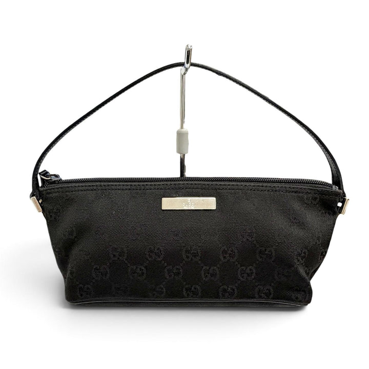 極美品△GUCCI グッチ ヴィンテージ 039.1103 GGキャンバス レザー ロゴプレート アクセサリー ポーチ ハンドバッグ ブラック イタリア製