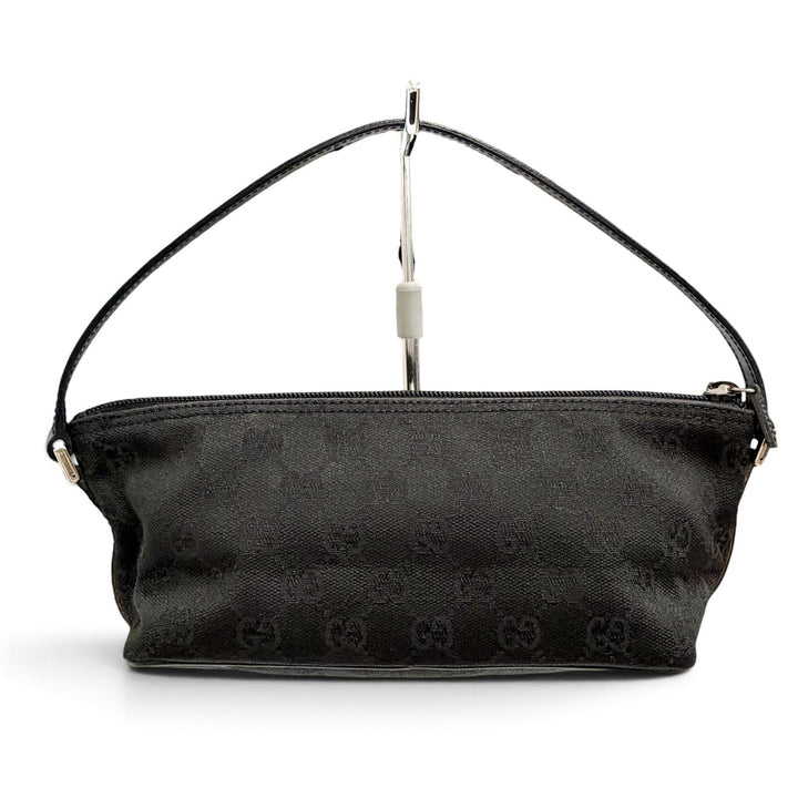 極美品△GUCCI グッチ ヴィンテージ 039.1103 GGキャンバス レザー ロゴプレート アクセサリー ポーチ ハンドバッグ ブラック イタリア製