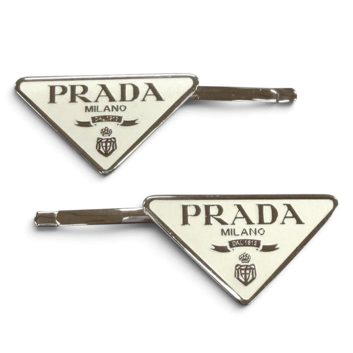美品★PRADA プラダ 1IF051 メタル ヘアピン ホワイト 2点セット トライアングルロゴ ヘアピン イタリア製 レディース 箱・保存袋付き