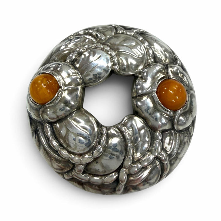 美品▼Georg Jensen ジョージジェンセン 42 925 アンバー/琥珀 希少 90周年記念品 ブローチ シルバー オレンジ デンマーク製 重量26.1g