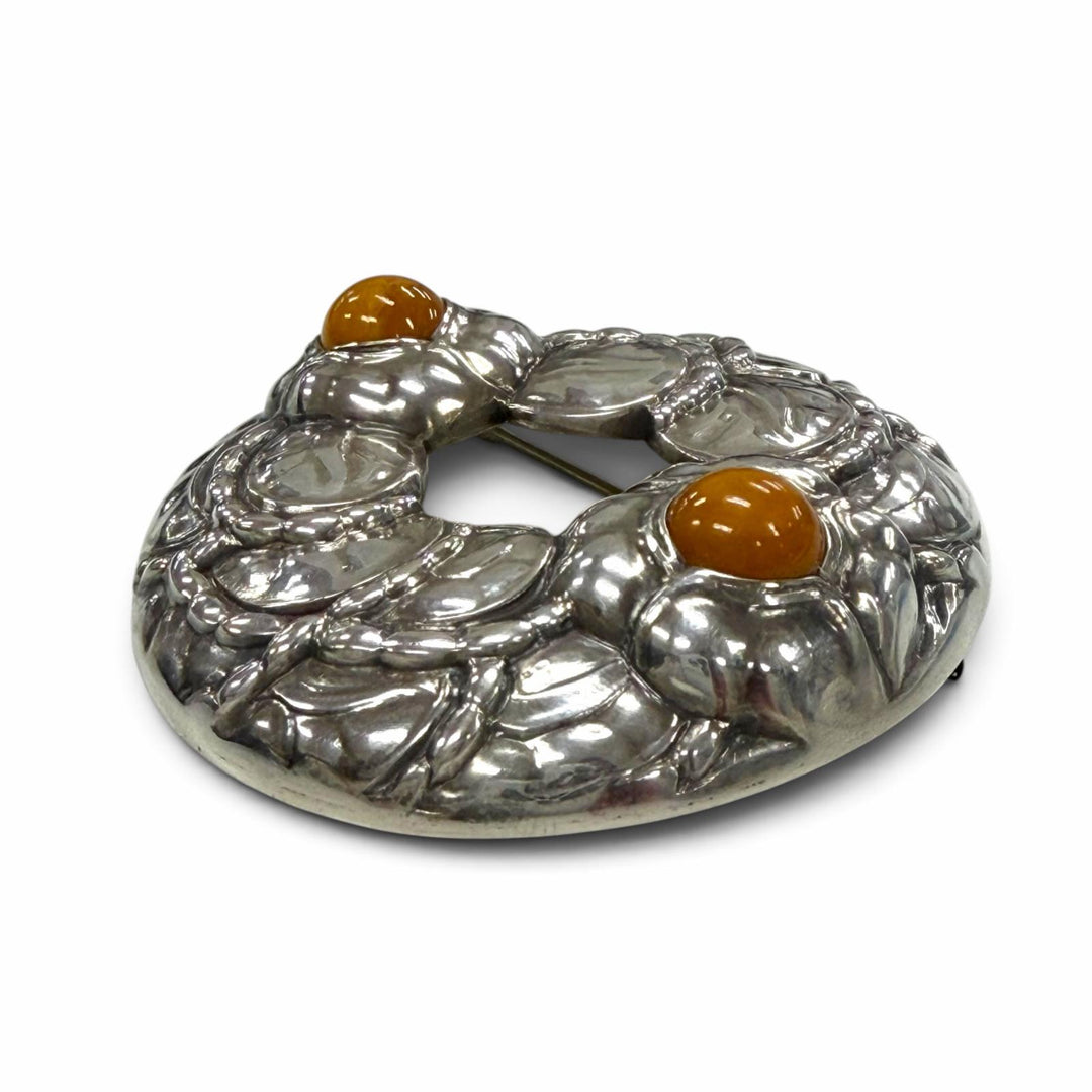 美品▼Georg Jensen ジョージジェンセン 42 925 アンバー/琥珀 希少 90周年記念品 ブローチ シルバー オレンジ デンマーク製 重量26.1g