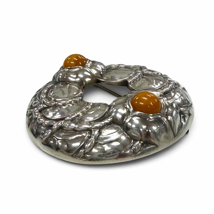 美品▼Georg Jensen ジョージジェンセン 42 925 アンバー/琥珀 希少 90周年記念品 ブローチ シルバー オレンジ デンマーク製 重量26.1g