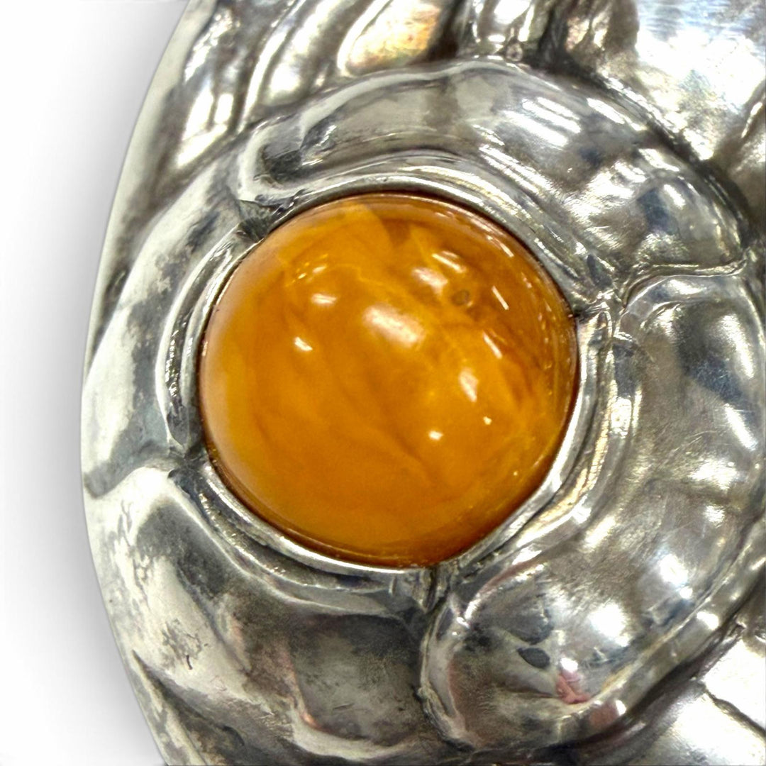 美品▼Georg Jensen ジョージジェンセン 42 925 アンバー/琥珀 希少 90周年記念品 ブローチ シルバー オレンジ デンマーク製 重量26.1g