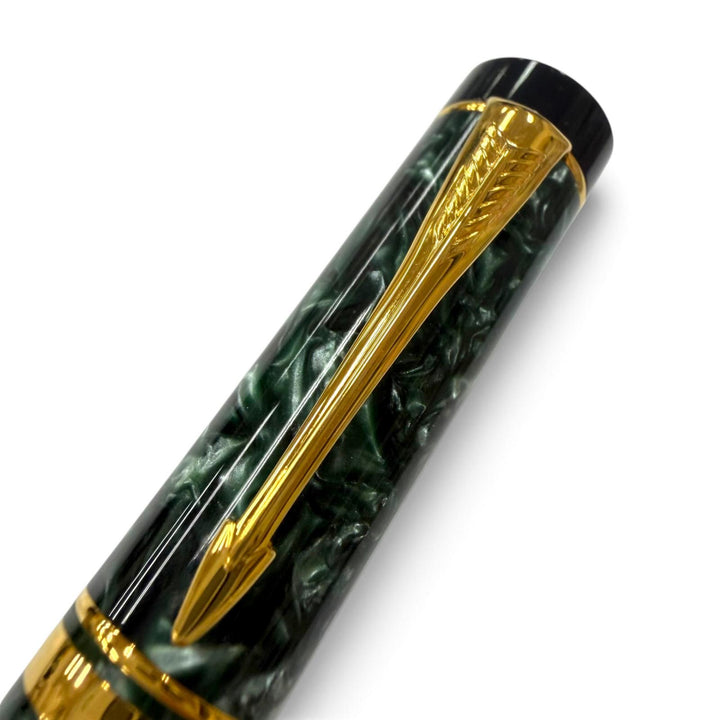 極美品▼PARKER パーカー デュオフォールド インターナショナル ペン先18K Fニブ 万年筆 マーブルグリーン ゴールド UK製 メンズ
