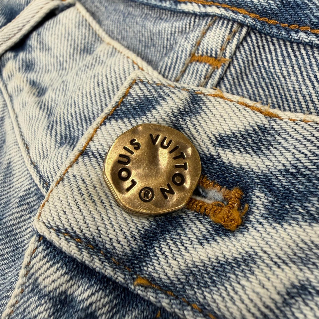 【ドンドン見直し】良品 ▼LOUIS VUITTON ルイヴィトン コットン レザーロゴパッチ デニムパンツ ブルー 32 イタリア製 正規品 メンズ