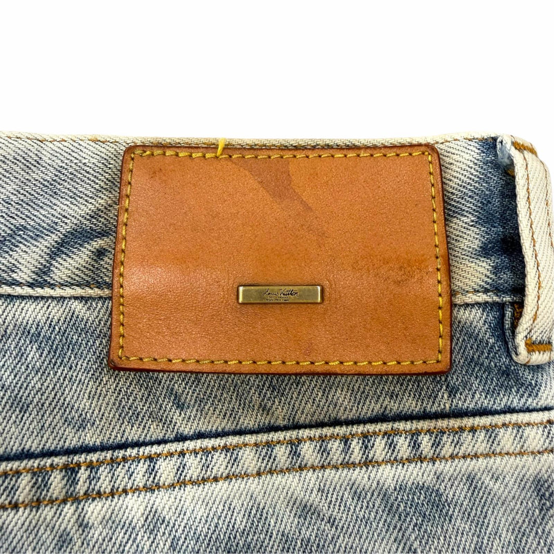 【ドンドン見直し】良品 ▼LOUIS VUITTON ルイヴィトン コットン レザーロゴパッチ デニムパンツ ブルー 32 イタリア製 正規品 メンズ