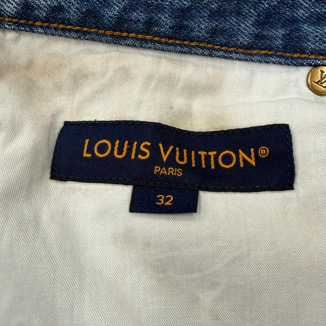 【ドンドン見直し】良品 ▼LOUIS VUITTON ルイヴィトン コットン レザーロゴパッチ デニムパンツ ブルー 32 イタリア製 正規品 メンズ