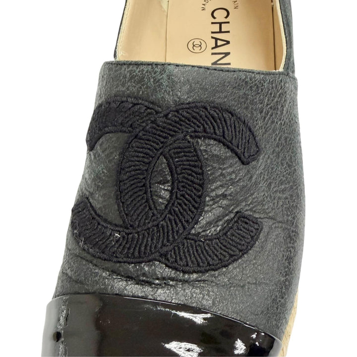 美品△CHANEL シャネル G34659 レザー ココマーク クラック エスパドリーユ ウエッジソール サンダル ブラック 37 スペイン製 レディース