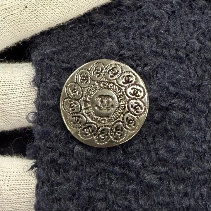 美品☆CHANEL シャネル 97A P09254 ウール モヘア ココマークボタン ツイード コート ネイビー 38 フランス製 正規品 レディース