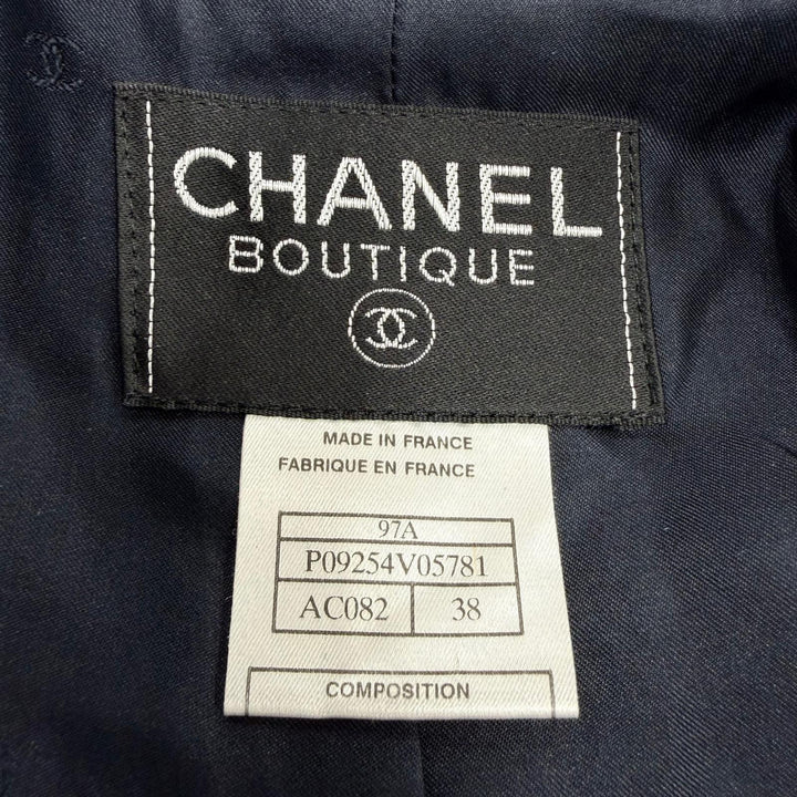 美品☆CHANEL シャネル 97A P09254 ウール モヘア ココマークボタン ツイード コート ネイビー 38 フランス製 正規品 レディース