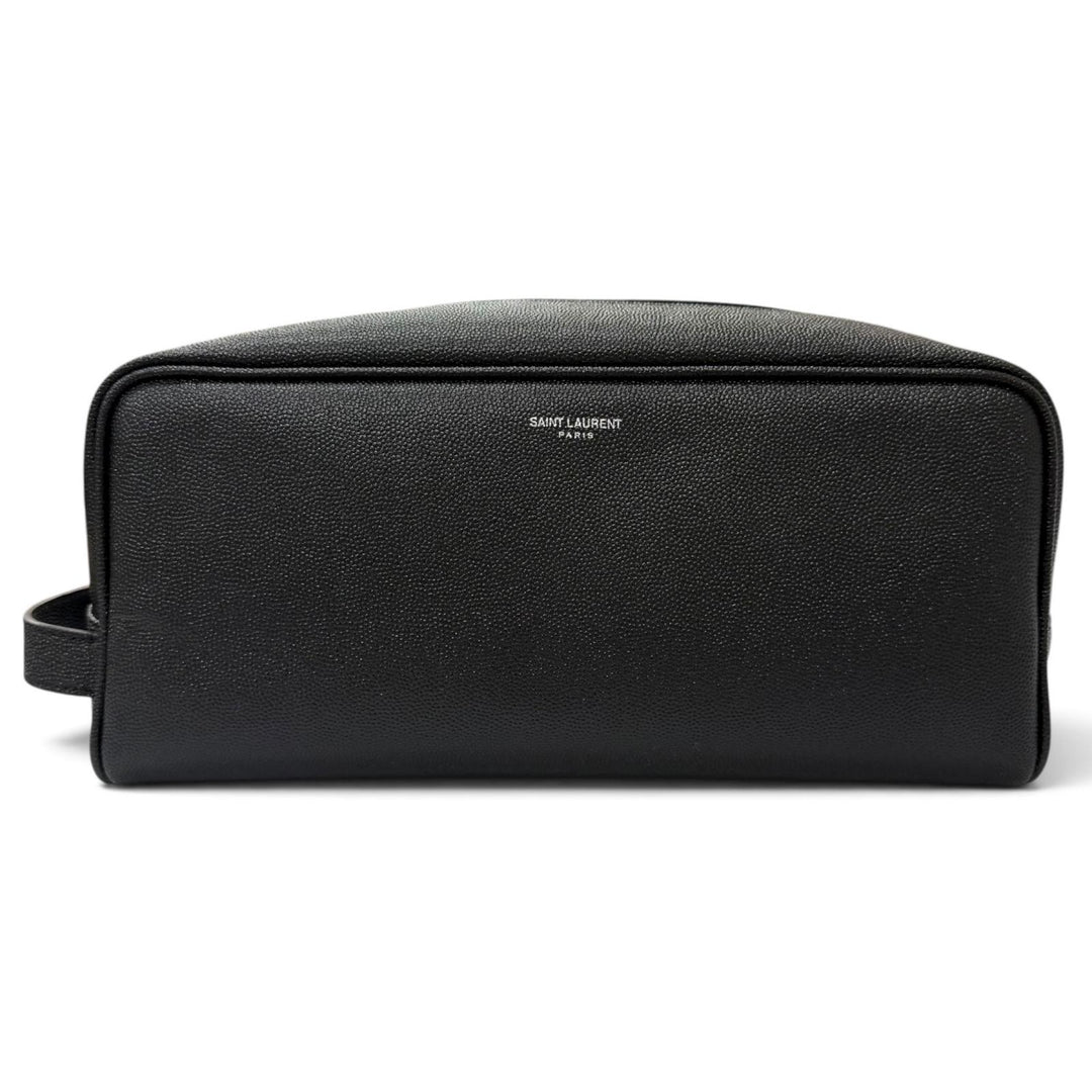 極美品□SAINT LAURENT PARIS サンローランパリ 609347 グレインカーフ ロゴ入り トラベルポーチ クラッチバッグ ブラック イタリア製