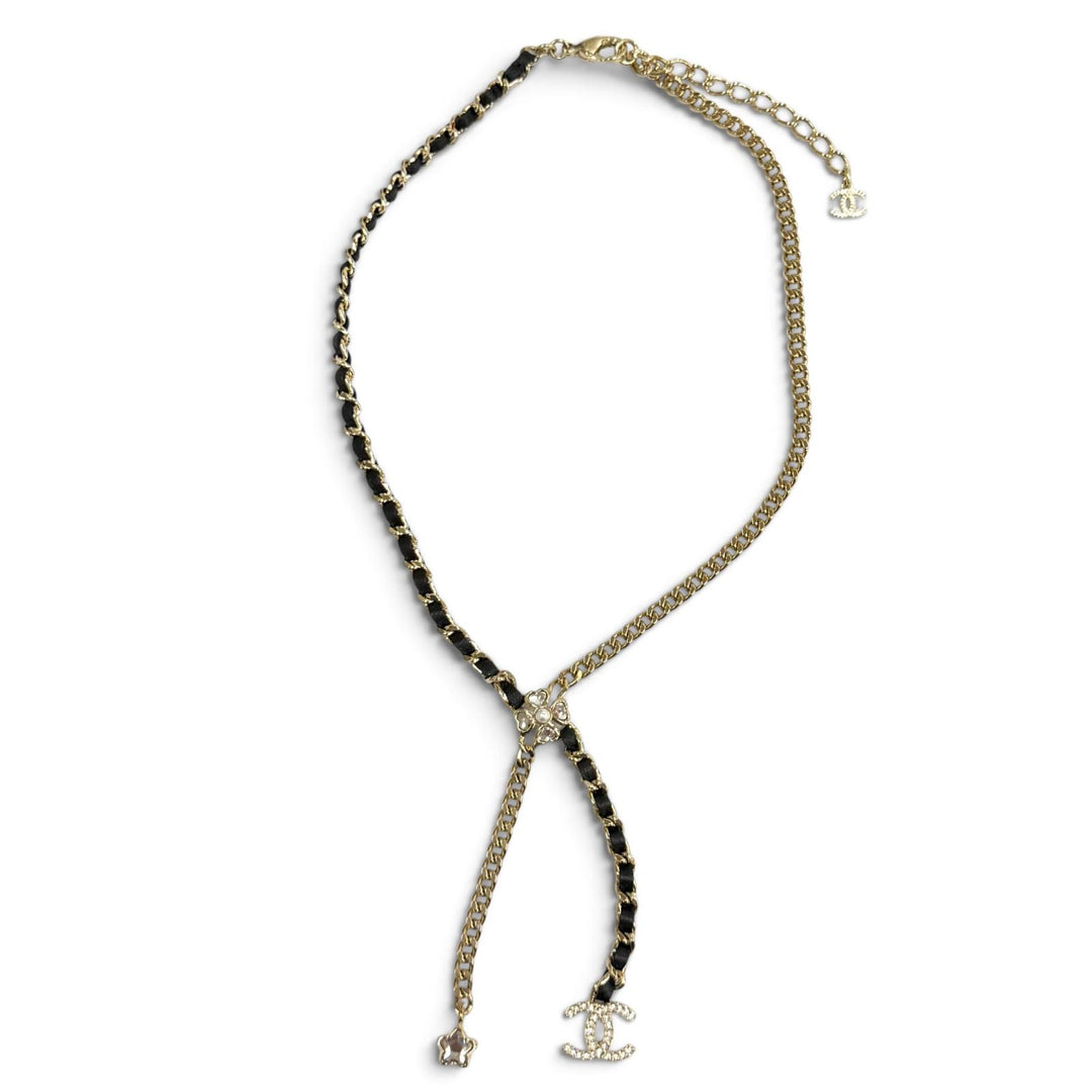 美品★CHANEL シャネル I25B ABG287 ココマーク レザー使い スター クローバー チェーン ネックレス ゴールド ブラック イタリア製