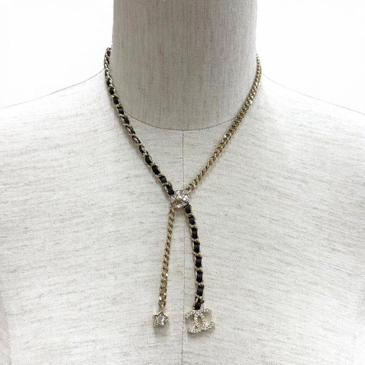 美品★CHANEL シャネル I25B ABG287 ココマーク レザー使い スター クローバー チェーン ネックレス ゴールド ブラック イタリア製