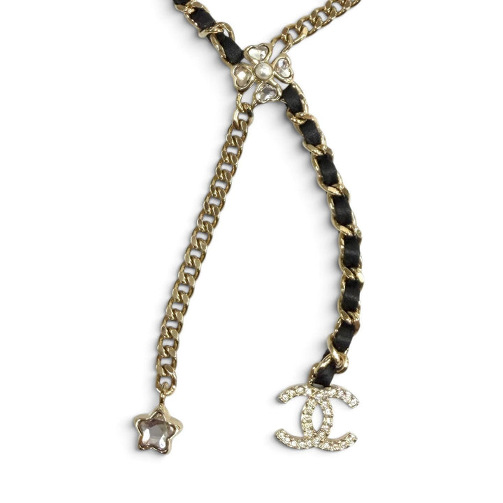 美品★CHANEL シャネル I25B ABG287 ココマーク レザー使い スター クローバー チェーン ネックレス ゴールド ブラック イタリア製