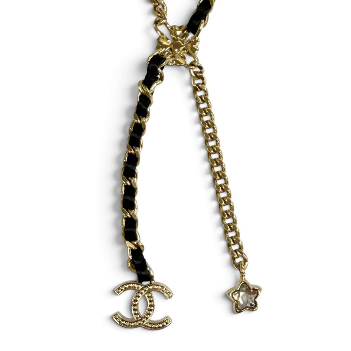 美品★CHANEL シャネル I25B ABG287 ココマーク レザー使い スター クローバー チェーン ネックレス ゴールド ブラック イタリア製