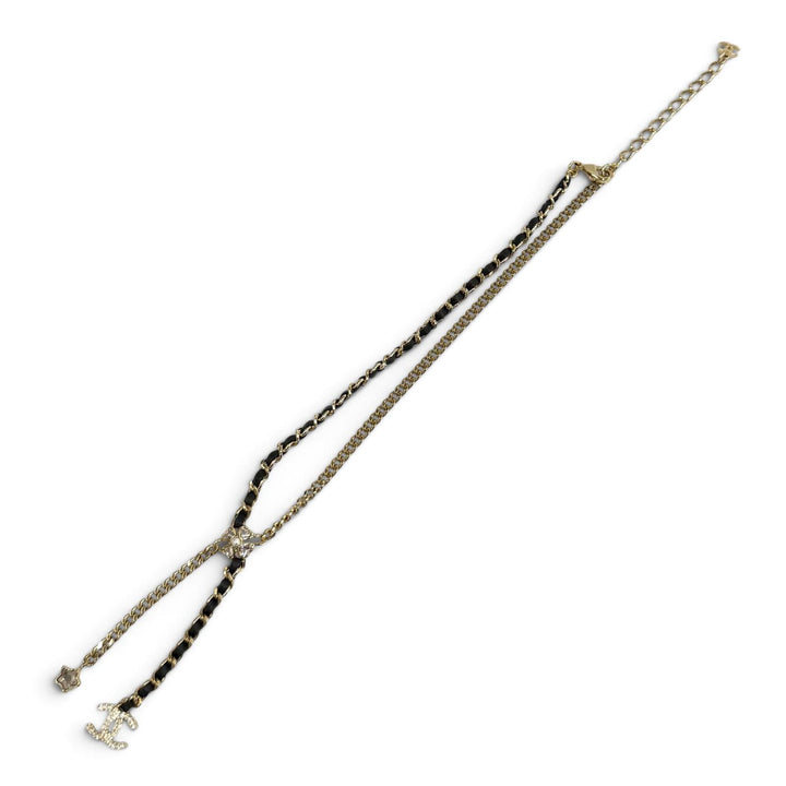 美品★CHANEL シャネル I25B ABG287 ココマーク レザー使い スター クローバー チェーン ネックレス ゴールド ブラック イタリア製