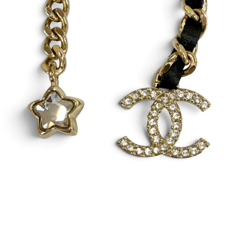 美品★CHANEL シャネル I25B ABG287 ココマーク レザー使い スター クローバー チェーン ネックレス ゴールド ブラック イタリア製