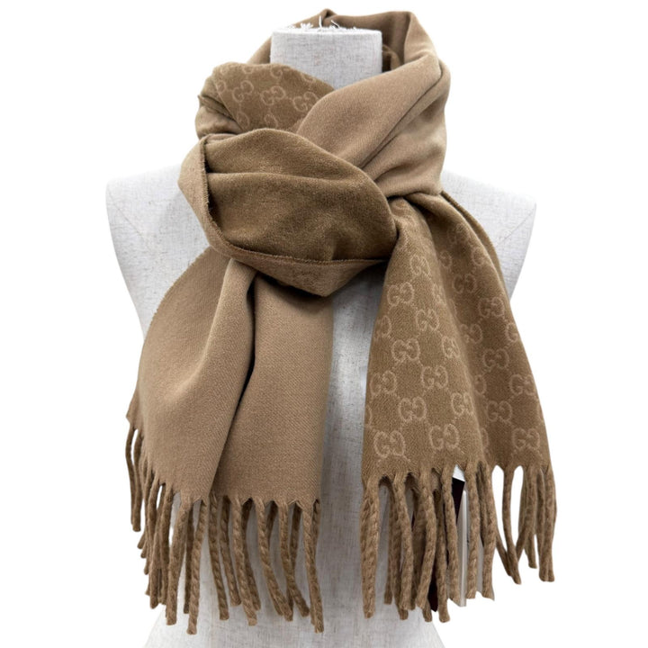 未使用品☆GUCCI グッチ 852038 ウール カシミヤ GG ジャカード ツートーン マフラー ベージュ 35×196cm 伊製 正規品 レディース メンズ