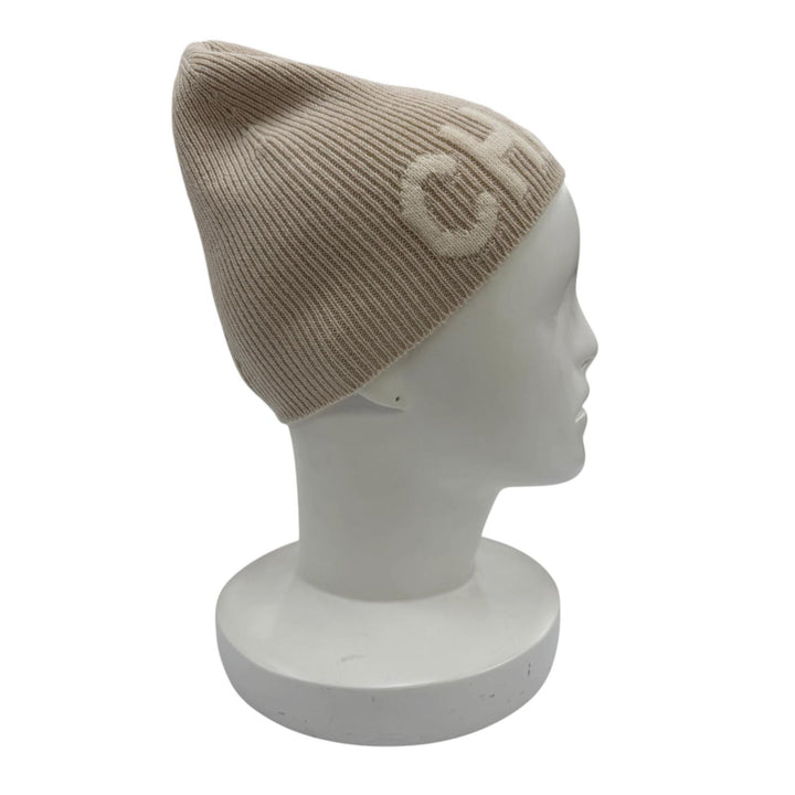 極美品☆CHANEL シャネル カシミヤ100％ ロゴ リブ編み ニット帽 ビーニー ニットキャップ ベージュ 正規品 レディース
