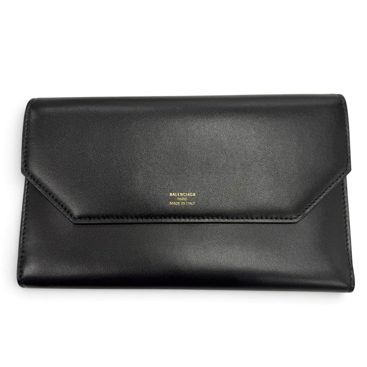 極美品▼BALENCIAGA バレンシアガ 743220 エンベロープ レザー ロングウォレット 長財布 ブラック ゴールド金具 メンズ 箱・保存袋付き