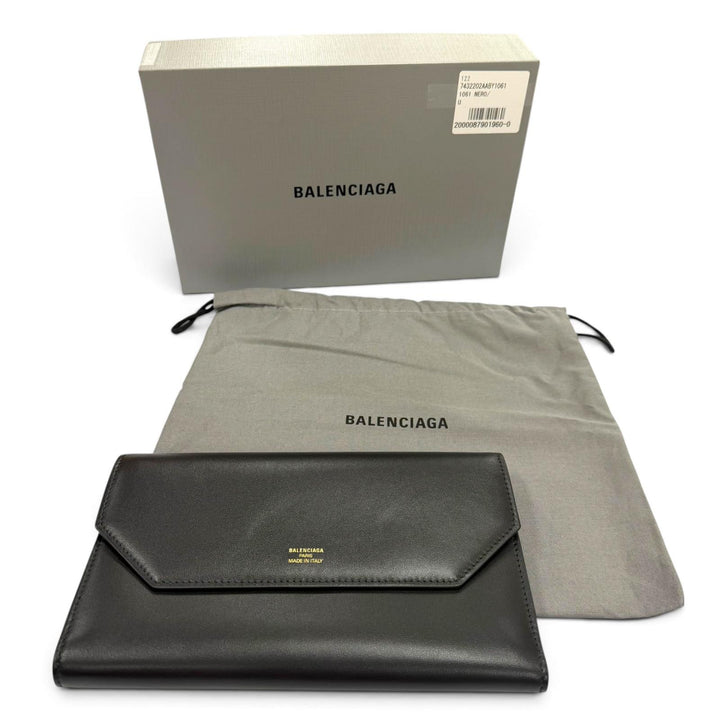 極美品▼BALENCIAGA バレンシアガ 743220 エンベロープ レザー ロングウォレット 長財布 ブラック ゴールド金具 メンズ 箱・保存袋付き