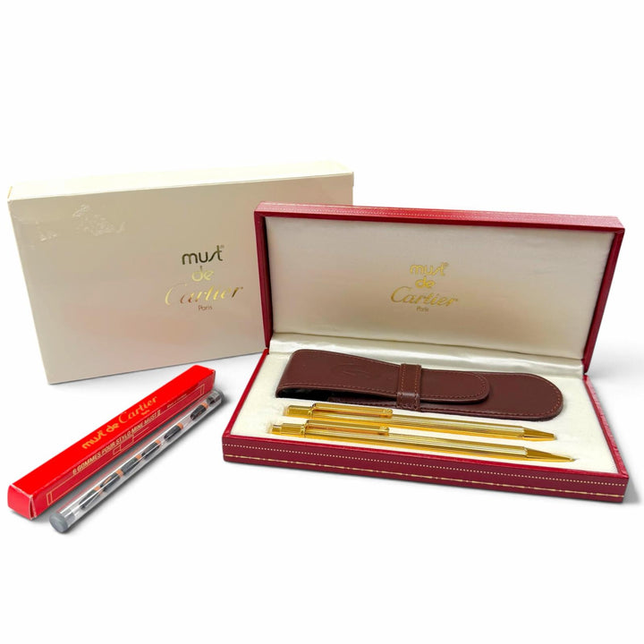 極美品▼Cartier カルティエ マストドゥ カルティエ ストライプ ボールペン シャープペンシル 2本セット ゴールド フランス製 筆記確認済