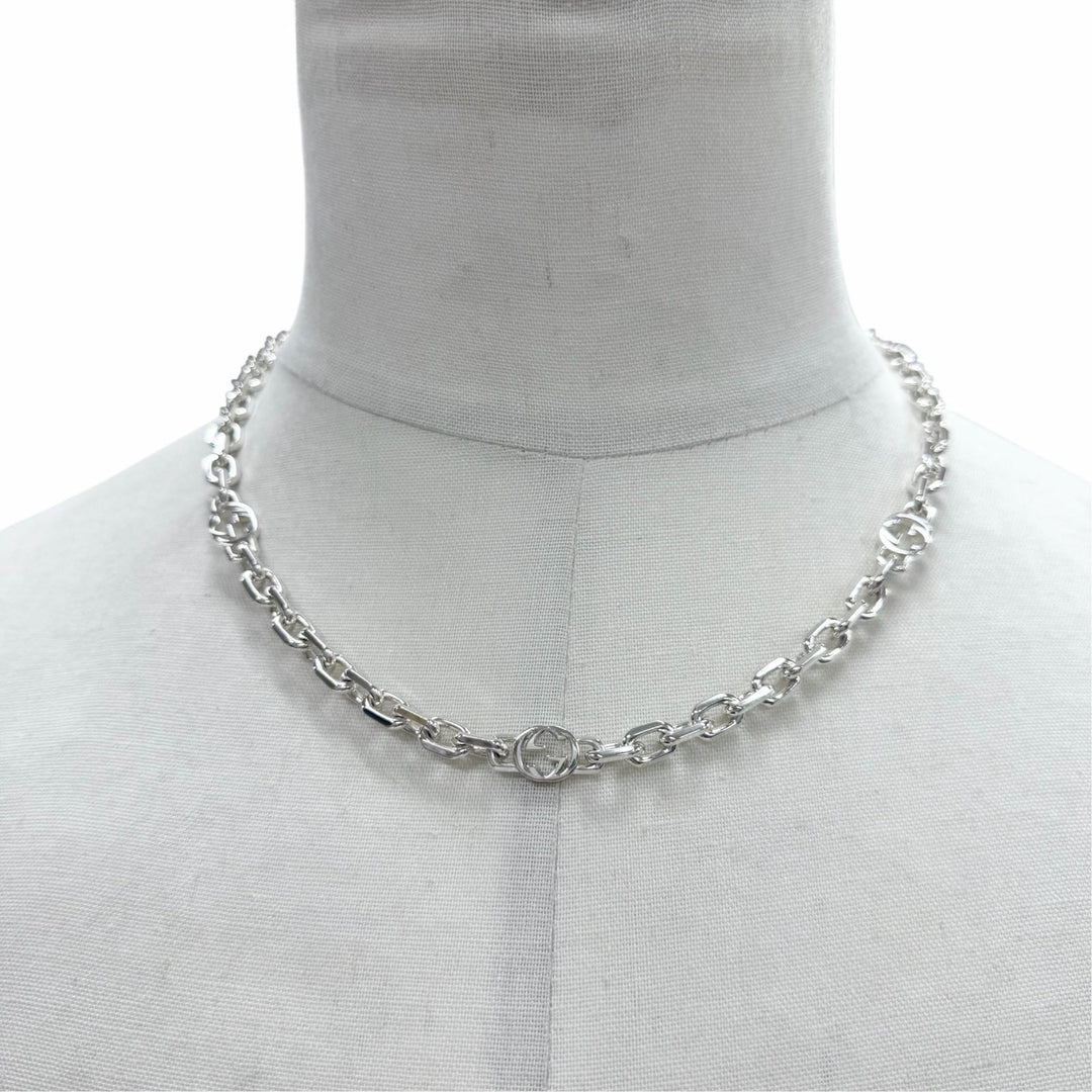 美品▼GUCCI グッチ 759703 AG925 インターロッキングG チェーン ネックレス シルバー 重量49.4g メンズ レディース アクセサリー